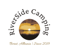 Riverside Camping Berat logo featuring a stylized river and pine trees with the text “Established 2019.”